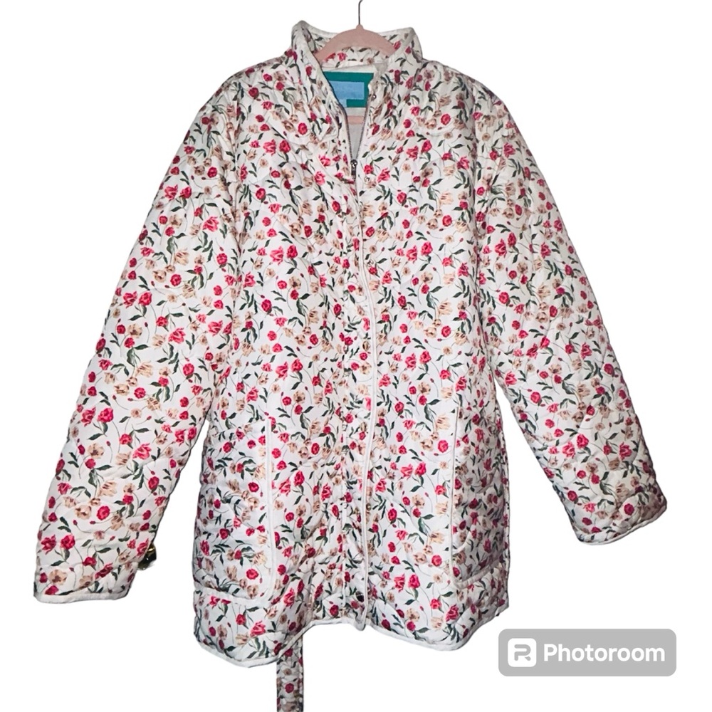 DRAPER JAMES RSVP Floral WhitePuffer Warm Zip Jacket Plus Pockets Beautiful XXL